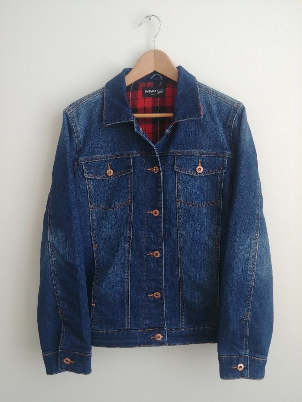 Parasuco blue denim jean jacket with red black plaid flannel lining Large